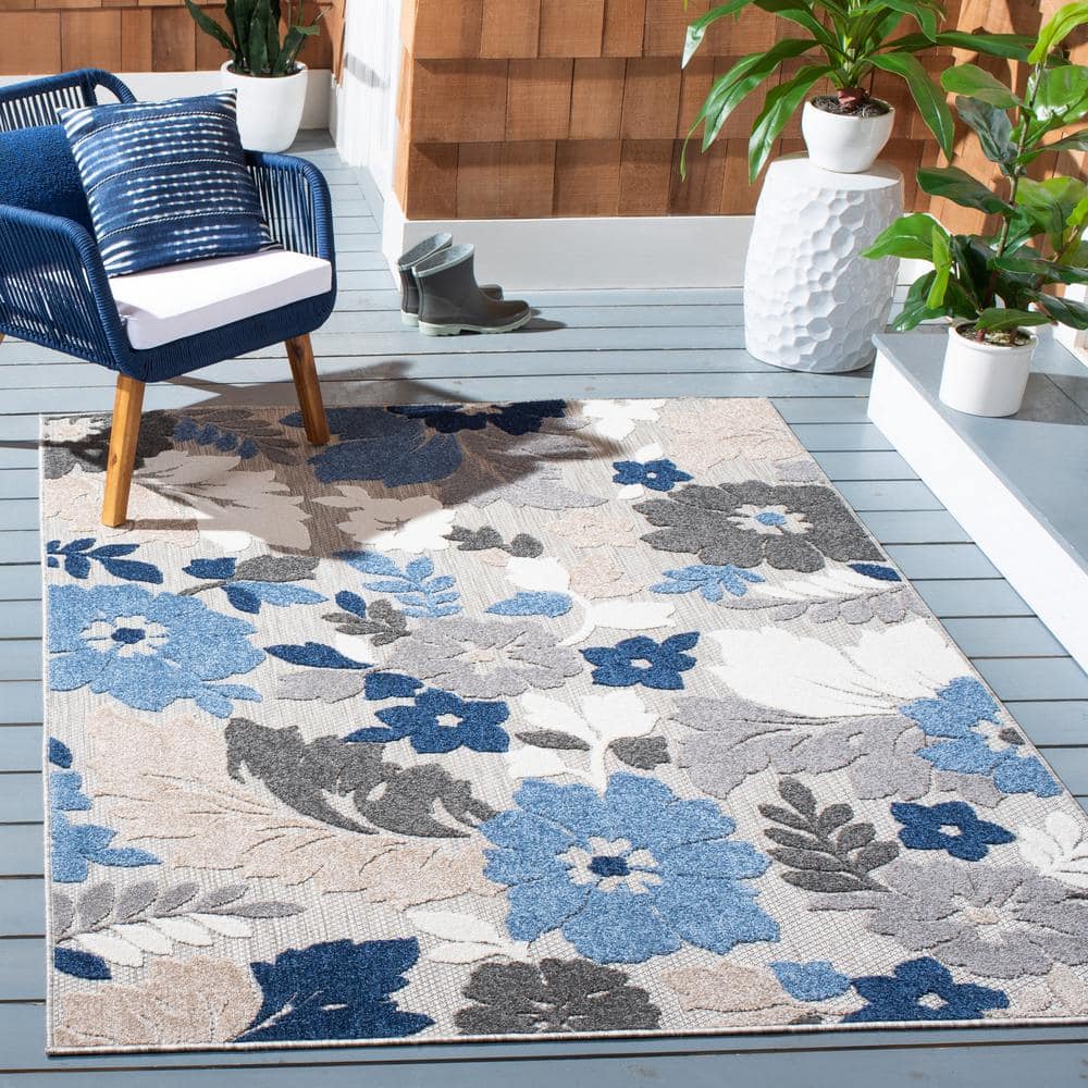 Cabana Grey/Blue Floral Reversible Synthetic Square Rug - 7' x 7'