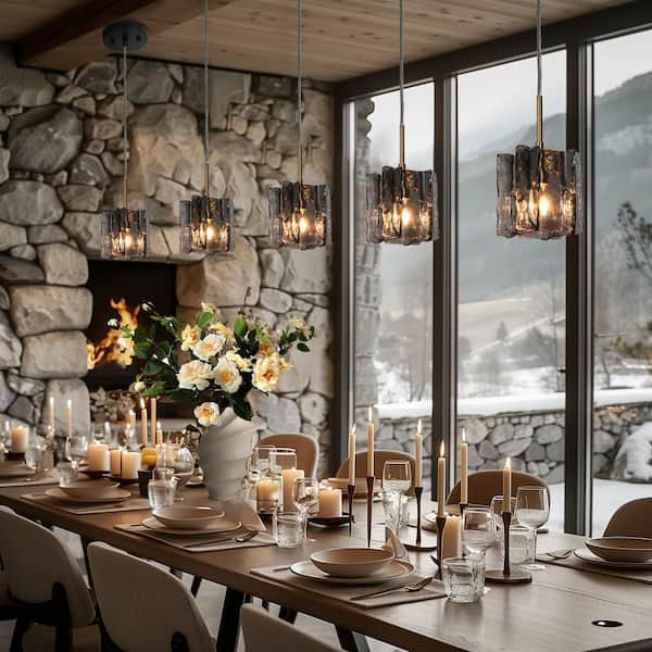 Echonalyri Modern Black Pendant Light 1-Light Glam Brass Accent Island Mini Pendant with Gray Textured Glass Shade