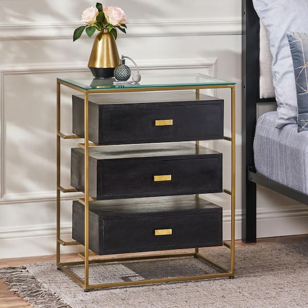 Noble House Barrett 3 Drawer Black and Brass Nightstand 30 in. x 24 in. x 16 in.