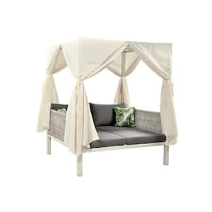 1 Pcs Wicker Outdoor Patio Day Bed with Gray Cushions, Beige Curtains for Multiple Scenarios