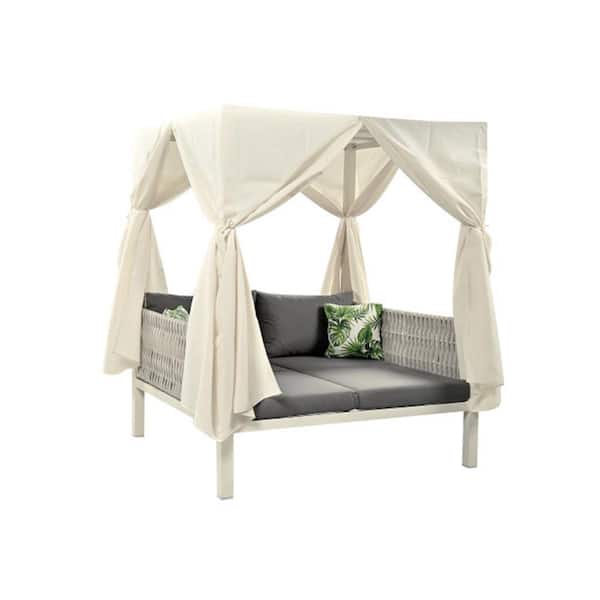 ITOPFOX 1 Pcs Wicker Outdoor Patio Day Bed with Gray Cushions, Beige Curtains for Multiple Scenarios