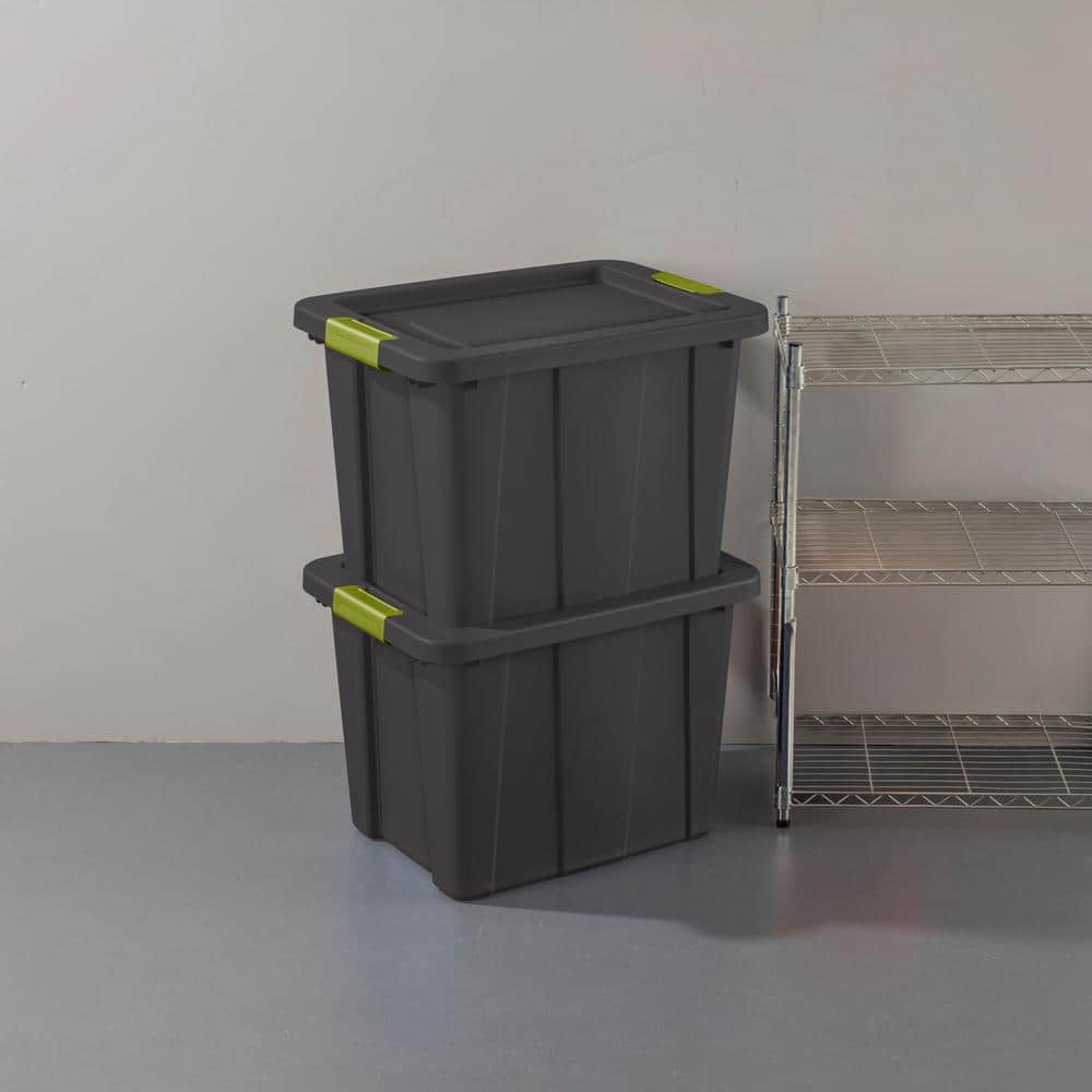 Tuff1 30-Gallon Stackable Black Plastic Storage Tote with Green Latches