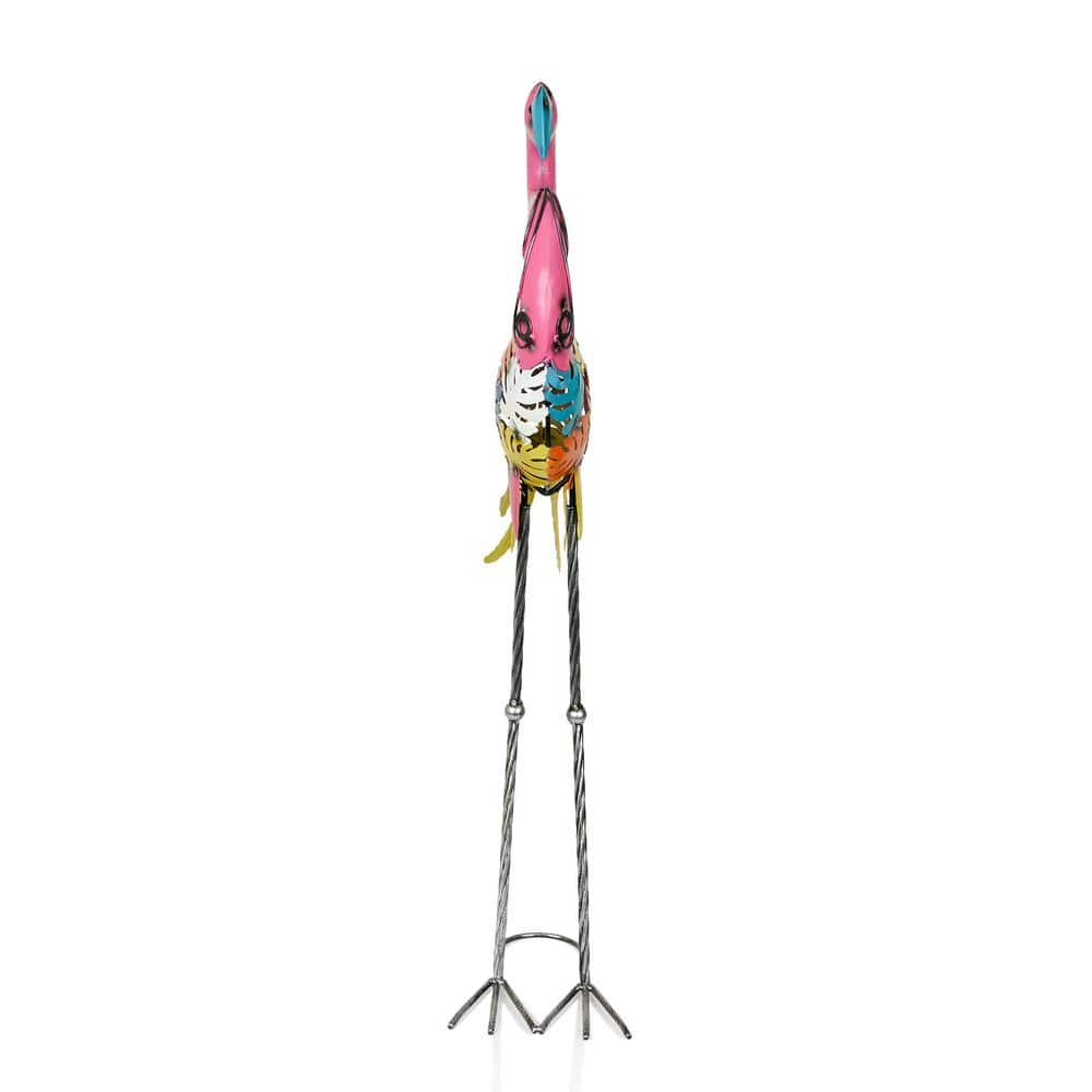 Colorful Metal Flamingo Garden Statue with Palm Leaf Design
