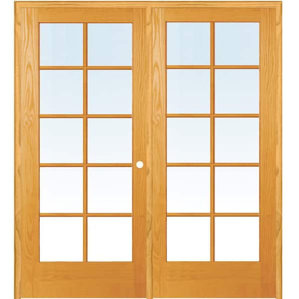 60 in. x 80 in. Left Hand Active Unfinished Pine Glass 10-Lite Clear True Divided Prehung Interior French Door