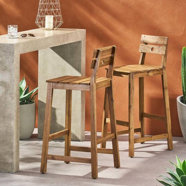 Brown Slat Design Rustic Acacia Wood Outdoor Bar Stool Set of 2