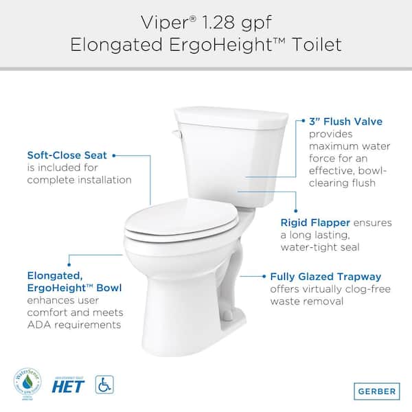 Viper 2-Piece 1.28 GPF Single Flush ADA Elongated Toilet in White with Slow Close Seat