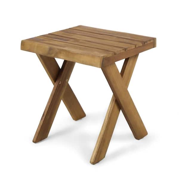 Benjara Harley Brown Square Acacia Wood Outdoor Side Table with X Legs
