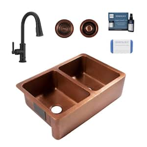 Adams 33 in. Farmhouse Apron Front Undermount Double Bowl 16-Gauge Antique Copper Kitchen Sink with Bronze Faucet Kit