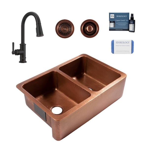 SINKOLOGY Adams 33 in. Farmhouse Apron Front Undermount Double Bowl 16-Gauge Antique Copper Kitchen Sink with Bronze Faucet Kit