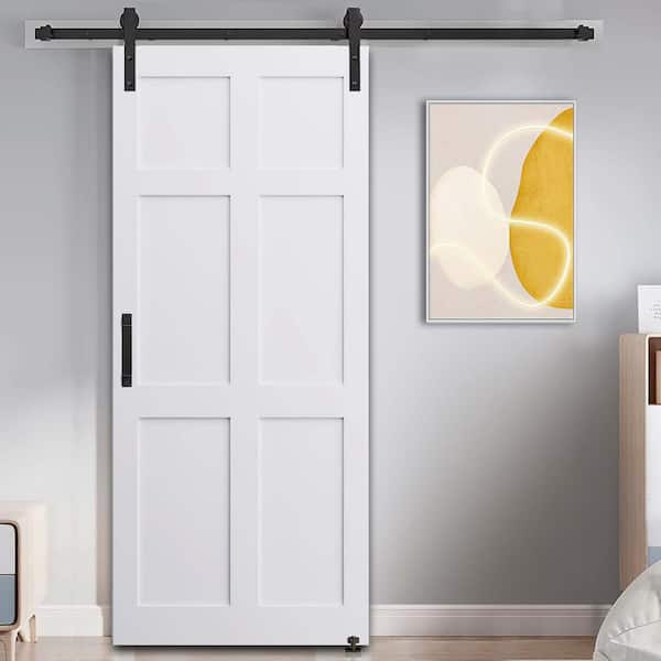Unbranded - 36 in. x 80 in. 6-Paneled White Primed Interior Sliding Barn Door with Hardware Kit, MDF, Barn Door Slab