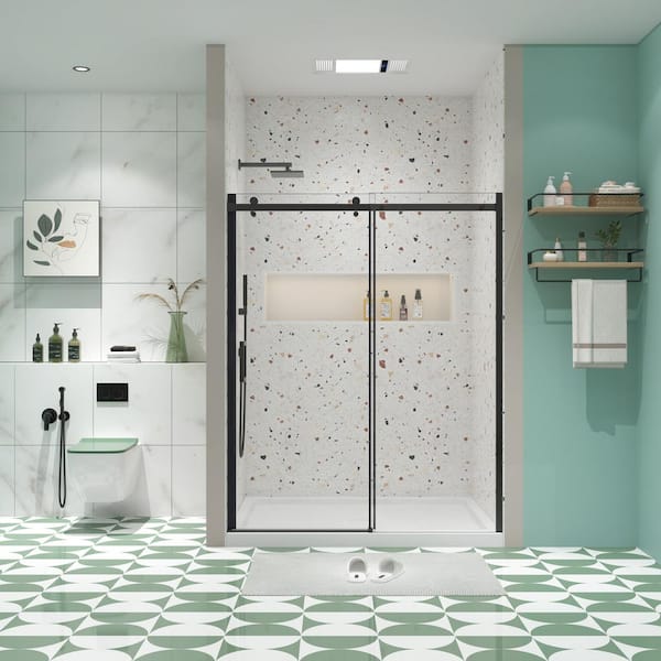 Sarlai 54 in. W x 74 in. H Matted Black Single Sliding Semi-Frameless Shower Bath Door with 5/16 in. Tempered Glass