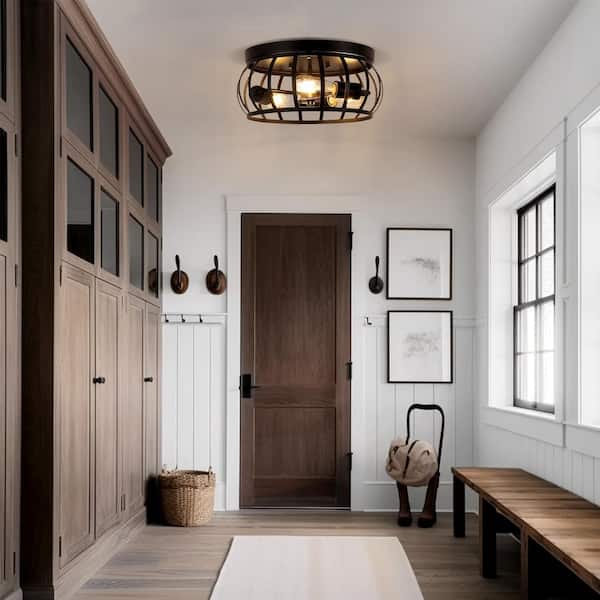 13 in. 3-Light Matte Black Flush Mount with Caged Drum Shade