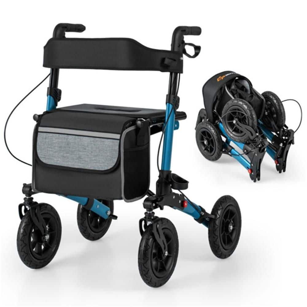 Blue Foldable Rolling Walker, 9 in. All-Terrain Tires, 7-Level Height (32.1 in. -38.2 in.), Wide Seat, Aluminum Frame