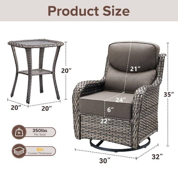 6 in Thicken Gray 3-Pieces Outdoor Patio Conversation Rocking Chair Swivel Glide with Table and Gray Cushions