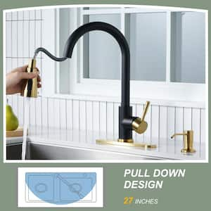 Single Handle Pull Down Sprayer Kitchen Faucet with 3-Function Sprayer and Soap Dispenser in Black and Gold