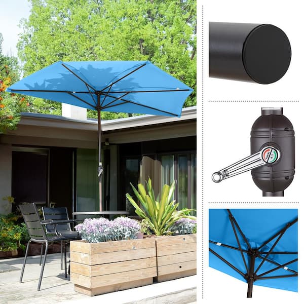9 ft. Steel Half Round Patio Market Umbrella with Hand Crank Lift in Blue