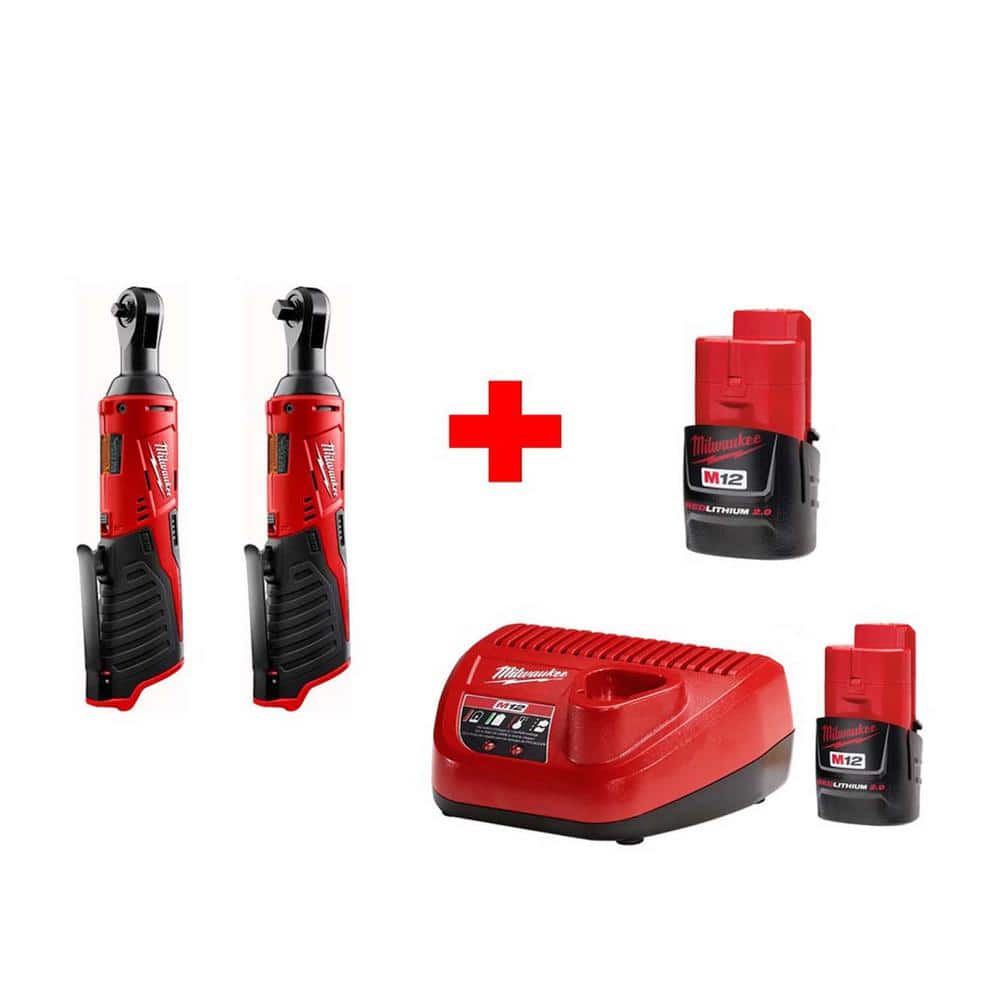 Milwaukee M12 12V Lithium-Ion Cordless 1/4 in. Ratchet and 3/8 in. Ratchet Combo Kit (2-Tool) W/ (2) 2.0Ah Batteries -  2456-20-X