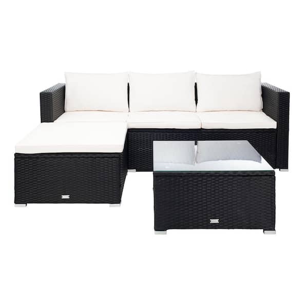 SAFAVIEH Madalina Black Wicker Outdoor Patio Sectional with Beige Cushions