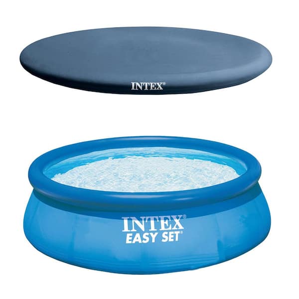 Intex Easy Set 13 ft. W x 12 in. H x 30 in. D Round Inflatable Pool, Pump and Filter & Above Ground Rope Tie Pool Cover