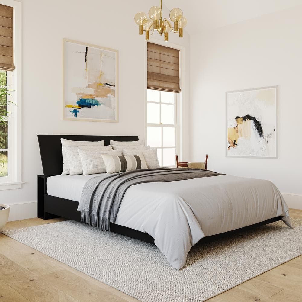 Serenity Queen Size Floating Black Wood Platform Bed with Storage