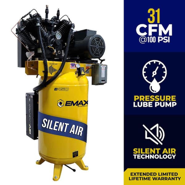 Silent Air Industrial E450 80 Gal. 175 psi Electric 7.5 HP 31 CFM 1-Ph 2-Stage Stationary Air Compressor, 30 CFM Dryer