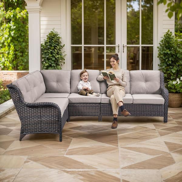 2-Piece Brown Wicker Outdoor Sectional Set with Olefin Beige Cushions/L-Shaped Sofa for Patio Furniture