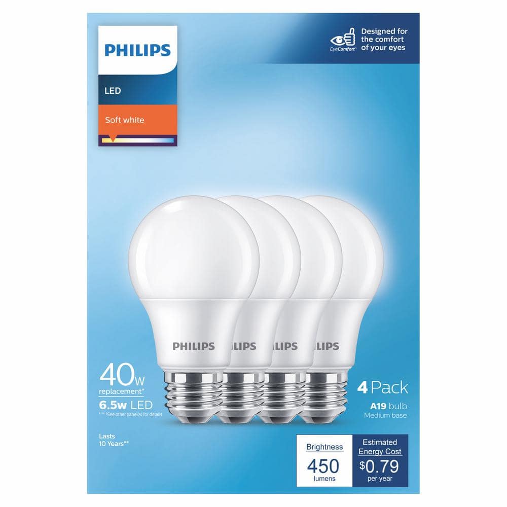 Philips Soft White Frosted LED A19 Light Bulbs, 4-Pack