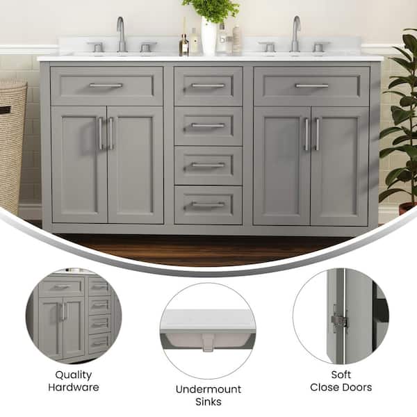 Vega 60 in. W x 18.5 in. D x 37.5 in. H Freestanding Bathroom Vanity in Gray with White Carrara Marble Finish Stone Top