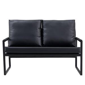 Black Metal Outdoor Loveseat Two-Seater Sofa Chair with Black Cushions and 2 Pillows