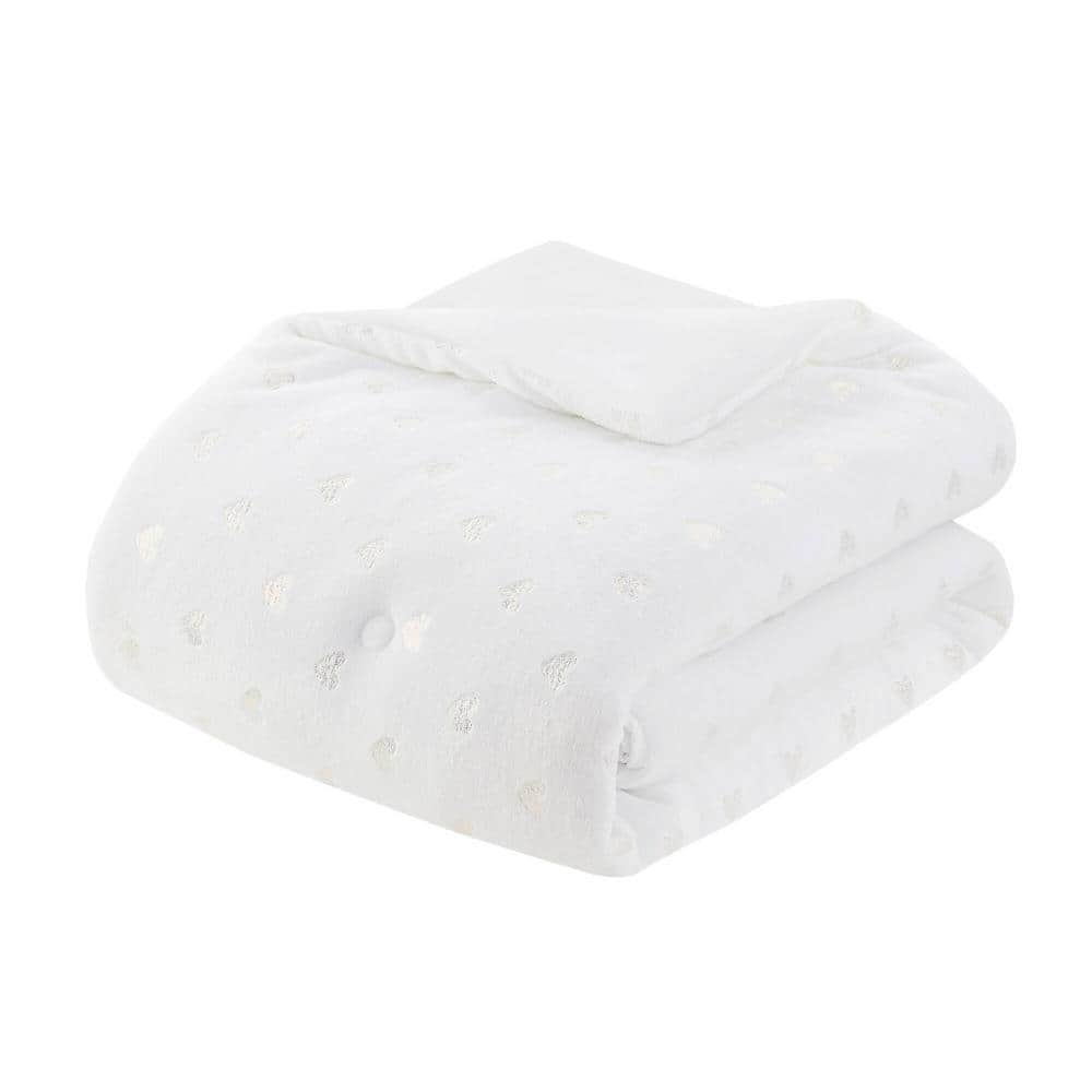 White and Gold Twin Microfiber Plush Comforter Set with Heart Print