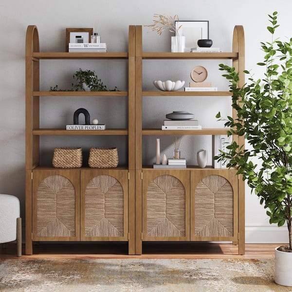 Nathan James Leah 71 in. Tall Light Brown Solid Wood 3-Shelf Accent Bookcase Cabinet with Arched Frame & Seagrass Doors, Set of 2