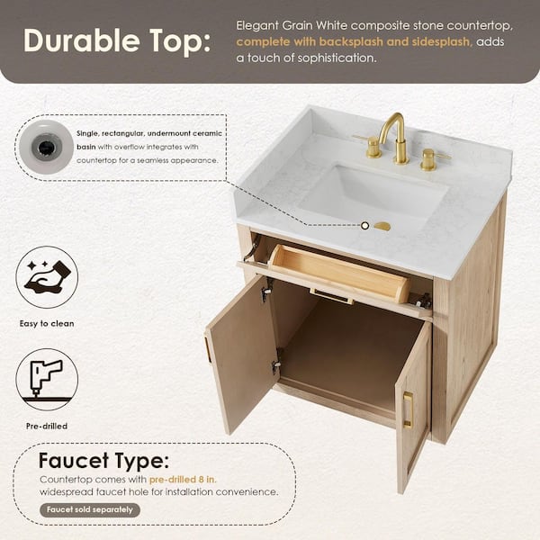 Altair Gavino 30 in. Single Freestanding Natural Ash Bath Vanity