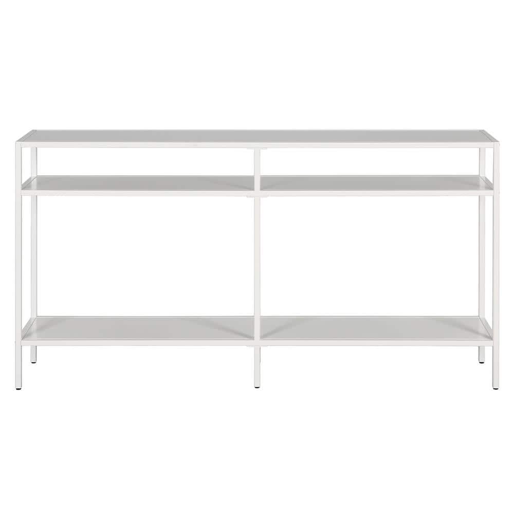 Modern Industrial Matte White Metal & Glass Console Table with Storage