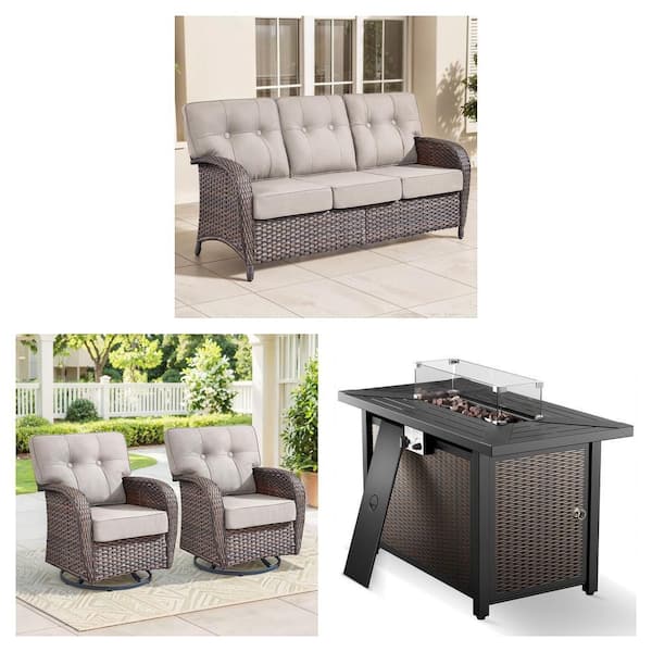 Seaside Wicker 3-Seat Sofa, Swivel Rocking Chair and 43 in. Fire Pit Table Combo