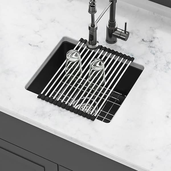 Timussi 18 in. Undermount Single Bowl Black Quartz Kitchen Sink with Bottom Grids