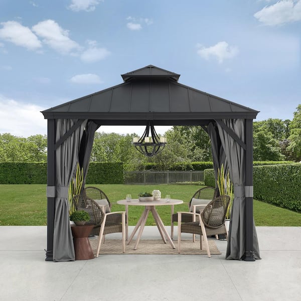 Sunjoy SummerCove 10 ft. x 10 ft. Hardtop Outdoor Patio Aluminum Frame Backyard Gazebo with Netting and Curtain