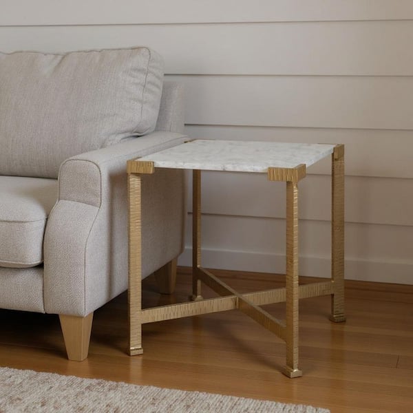 18 in. White, Antiqued Gold Square Marble End Table