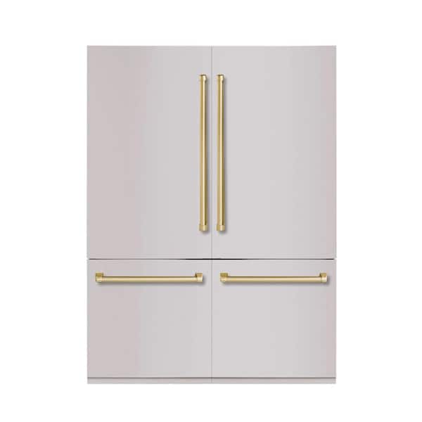 Hallman Bold 60 in. 32 Cu. Ft. Counter-Depth Built-in Bottom Mount Refrigerator in Stainless Steel with Bold Brass Handles