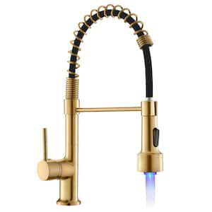 Commercial Brass Sink Faucet Single-Handle Pull Down Sprayer Kitchen Faucet with LED light in Brushed Gold