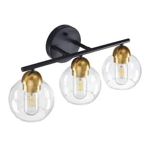 18.32 in. 3-Light Matte Black+Brass Bathroom Vanity Light with Clear Glass Shades