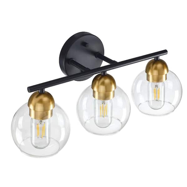 Uixe 18.32 in. 3-Light Matte Black+Brass Bathroom Vanity Light with Clear Glass Shades