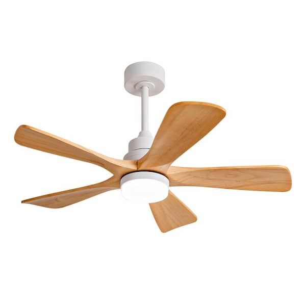 42 in. White Ceiling Fan with Natural Wood Blades, Remote, LED Light, Reversible Quiet DC Motor, Downrod Mount