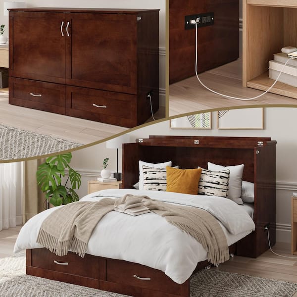 AFI Hamilton Full Walnut Murphy Bed Chest with Memory Foam Folding Mattress Built-in Charging Station and Storage Drawer