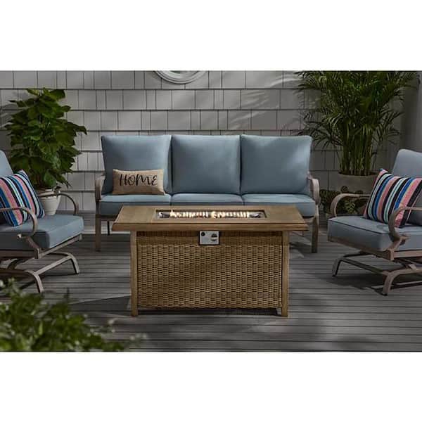 Home Decorators Collection Anaheim 49 in. x 25 in. Aluminum and Stainless Steel Tan Gas Fire Pit with Wood-Look tile Top