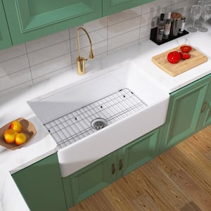 33 in. Farmhouse/Apron-Front Single Bowl White Fireclay Kitchen Sink with Stainless Steel Bottom Grid and Strainer