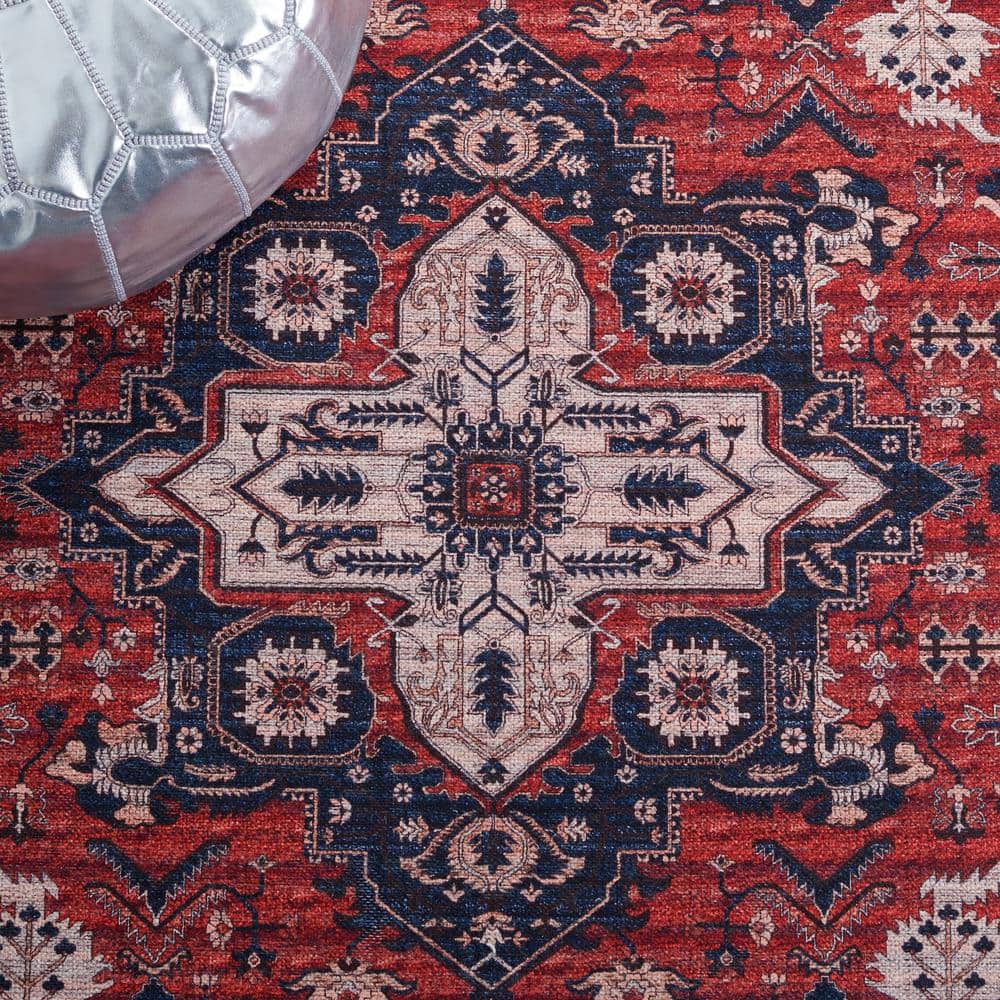 Serapi Red and Navy 4' x 6' Viscose Area Rug