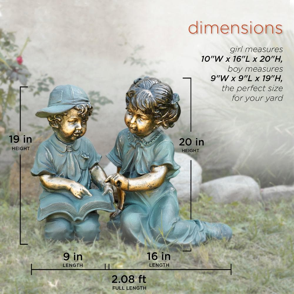 Antique Bronze Boy and Girl Reading Garden Statue Set