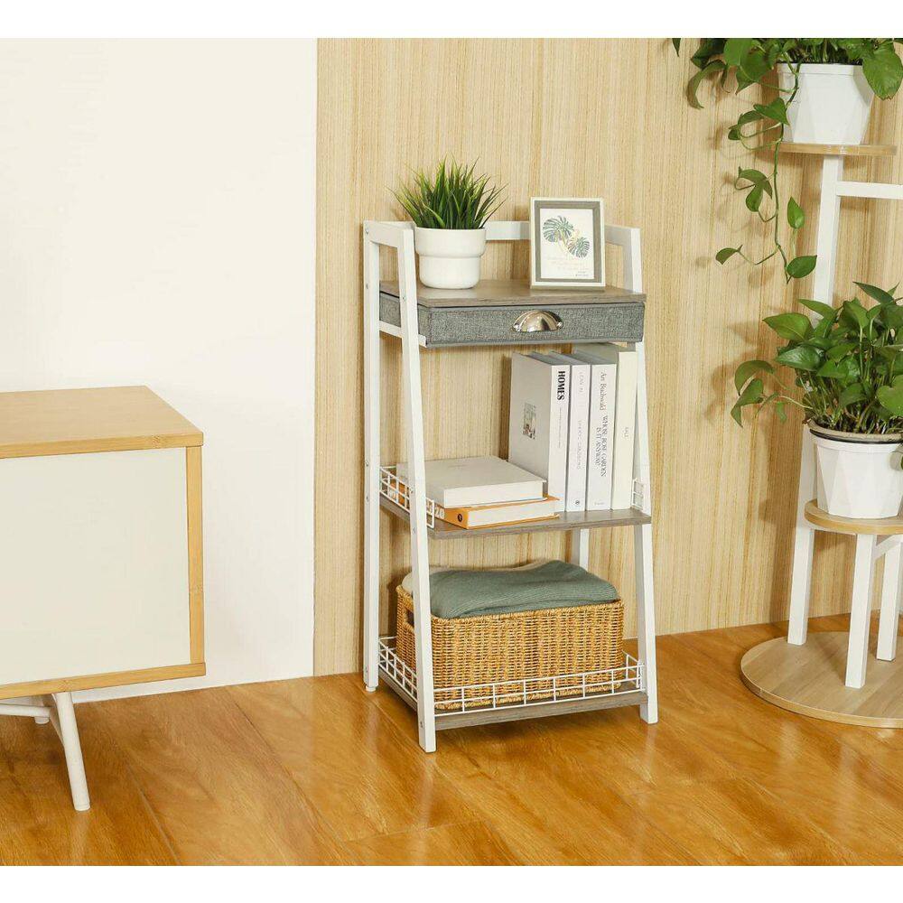 White MDF and Iron 3-Tier Freestanding Bathroom Ladder Shelf with Drawer
