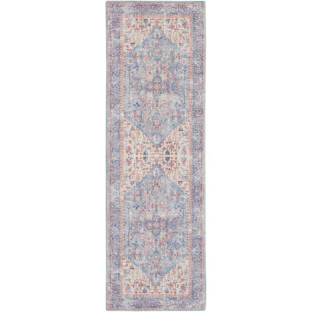 Machine Washable Blue and Multicolor Floral Runner Rug