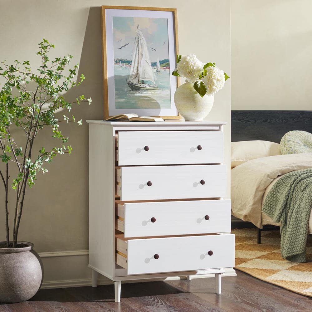 White Mid-Century Modern 4-Drawer Solid Wood Dresser